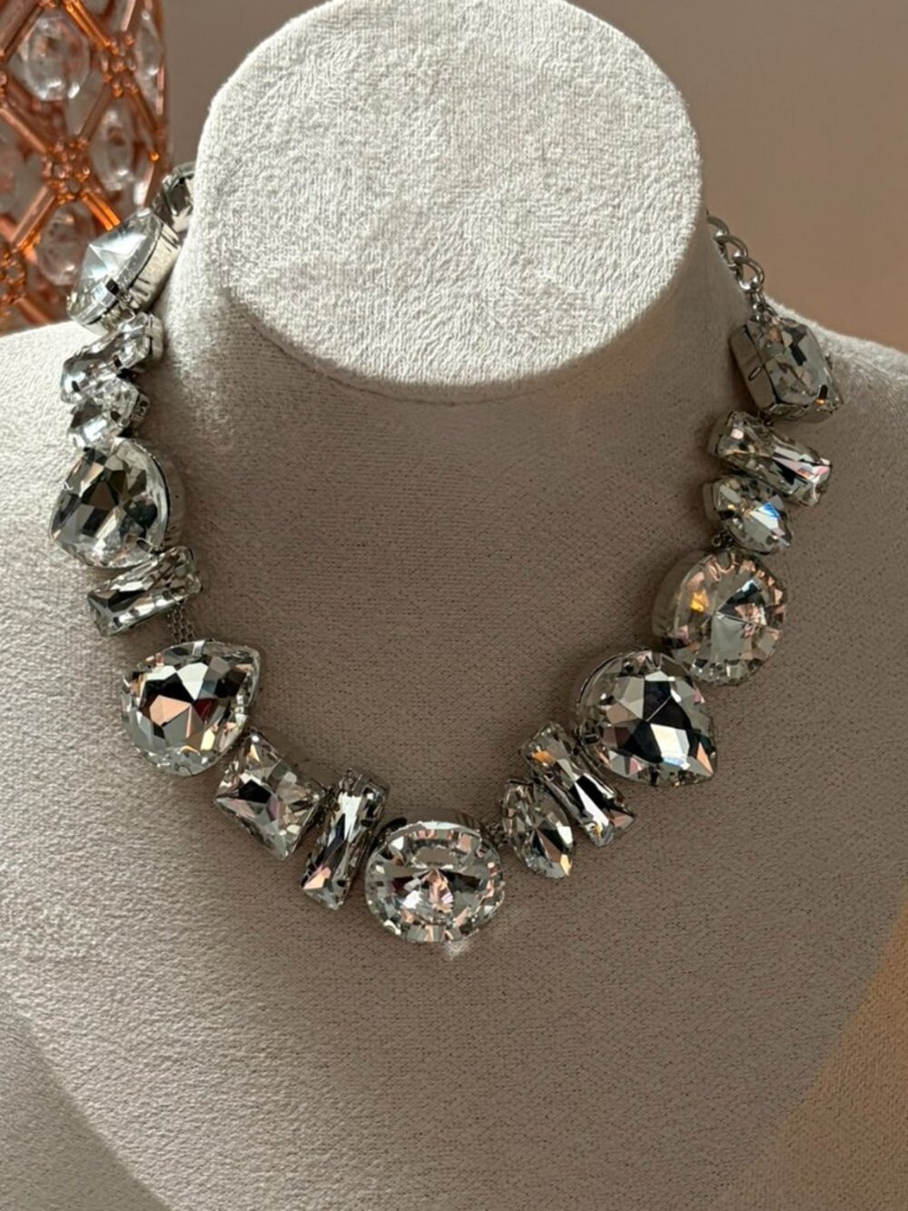 Statement Crystal Rhinestone Necklace – Silver Tone Chunky Glam Collar
